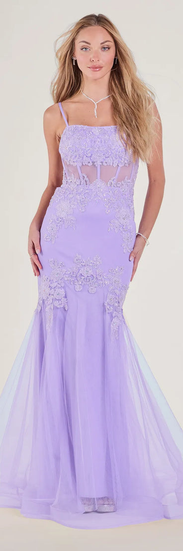 The Morgan Lace-Up Corset Rhinestone Mermaid Formal Gown in luxe lavender fabric, a stunning prom dress with statement details designed to make a bold impression at Prom 2025.