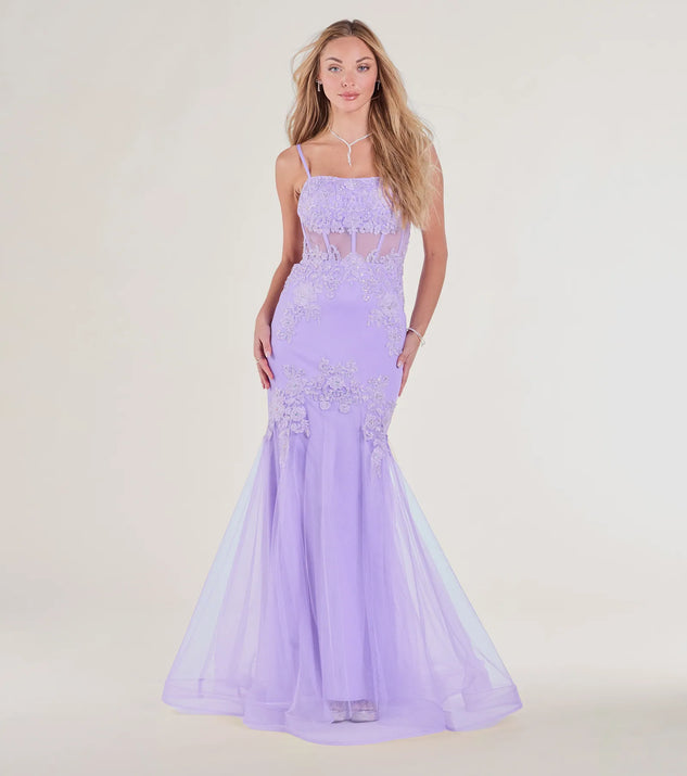 The Morgan Lace-Up Corset Rhinestone Mermaid Formal Gown in luxe lavender fabric, a stunning prom dress with statement details designed to make a bold impression at Prom 2025.