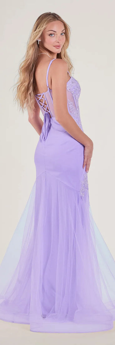 The Morgan Lace-Up Corset Rhinestone Mermaid Formal Gown in luxe lavender fabric, a stunning prom dress with statement details designed to make a bold impression at Prom 2025.