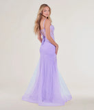 The Morgan Lace-Up Corset Rhinestone Mermaid Formal Gown in luxe lavender fabric, a stunning prom dress with statement details designed to make a bold impression at Prom 2025.