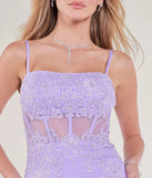 The Morgan Lace-Up Corset Rhinestone Mermaid Formal Gown in luxe lavender fabric, a stunning prom dress with statement details designed to make a bold impression at Prom 2025.