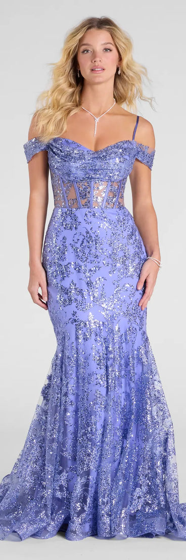 The Marie Cold Shoulder Corset Lace-Up Mermaid Gown in luxe periwinkle fabric, a stunning prom dress with statement details designed to make a bold impression at Prom 2025.