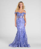The Marie Cold Shoulder Corset Lace-Up Mermaid Gown in luxe periwinkle fabric, a stunning prom dress with statement details designed to make a bold impression at Prom 2025.