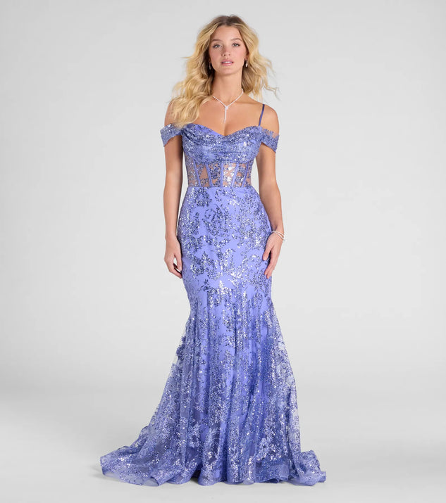 The Marie Cold Shoulder Corset Lace-Up Mermaid Gown in luxe periwinkle fabric, a stunning prom dress with statement details designed to make a bold impression at Prom 2025.