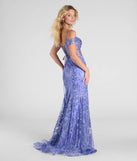 Step into the Prom 2025 dance in the Marie Cold Shoulder Corset Lace-Up Mermaid Gown in periwinkle, a stunning blue prom dress designed to complement any theme with its timeless allure and statement-making style.