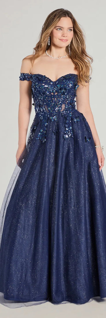 The Sofia Off-The-Shoulder Corset Lace-Up Ball Gown in luxe navy blue fabric, a stunning prom dress with statement details designed to make a bold impression at Prom 2025.