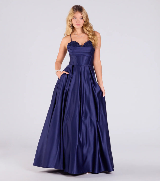 Make a bold statement in the Tessa Corset Lace-Up A-Line Satin Ball Gown in navy blue, the perfect spring dress for weddings, cocktail hours, nights out, and/or seasonal celebrations.