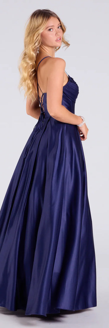 Make a bold statement in the Tessa Corset Lace-Up A-Line Satin Ball Gown in navy blue, the perfect spring dress for weddings, cocktail hours, nights out, and/or seasonal celebrations.