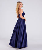 Make a bold statement in the Tessa Corset Lace-Up A-Line Satin Ball Gown in navy blue, the perfect spring dress for weddings, cocktail hours, nights out, and/or seasonal celebrations.
