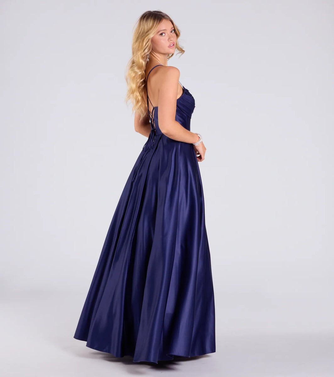 Lace-Up Back Corset-Inspired Satin A-Line Gown Dark Green main image 1