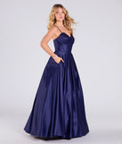 Make a bold statement in the Tessa Corset Lace-Up A-Line Satin Ball Gown in navy blue, the perfect spring dress for weddings, cocktail hours, nights out, and/or seasonal celebrations.