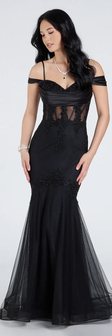 Celebrate in style with the Cleo Floral Embroidered Tulle Corset Mermaid Gown, a black formal wedding guest dress featuring an elegant silhouette and luxe details, perfect for a black-tie celebration.