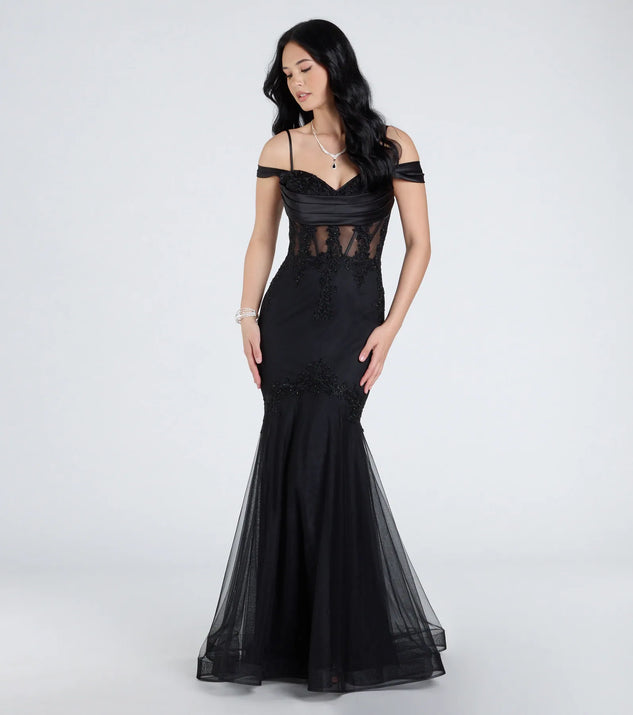 Celebrate in style with the Cleo Floral Embroidered Tulle Corset Mermaid Gown, a black formal wedding guest dress featuring an elegant silhouette and luxe details, perfect for a black-tie celebration.