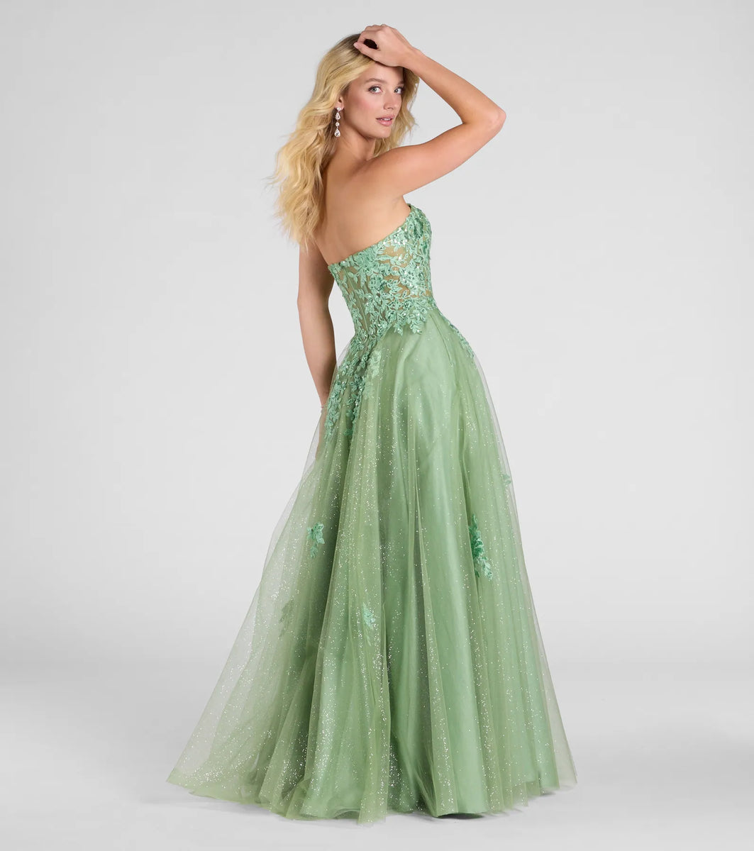 One-Shoulder Glitter Tulle Gown with Lace-Up Back Olive Green
