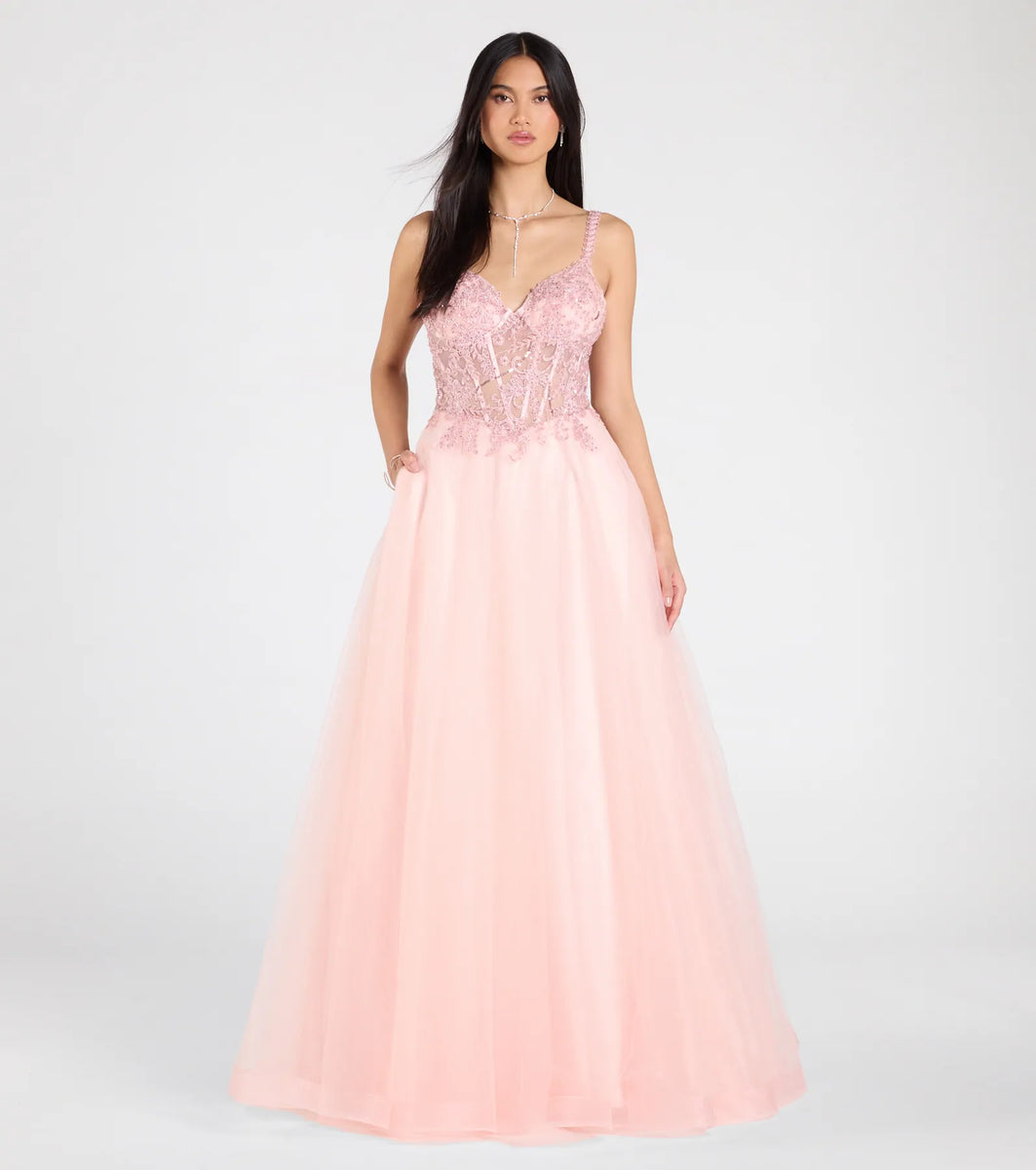 Lace-Up Back Corset-Inspired Satin A-Line Gown Marigold main image 1