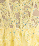 The Gwen Strapless Corset A-Line Glitter Ball Gown in luxe yellow fabric, a stunning prom dress with statement details designed to make a bold impression at Prom 2025.