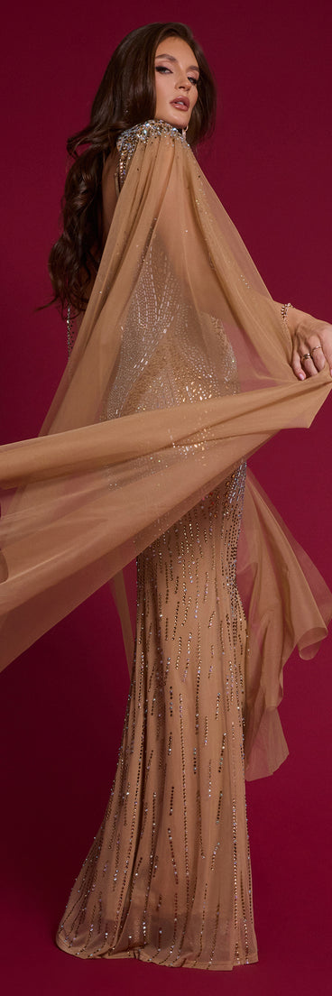 Kayte Rhinestone Mermaid Dress With Cape