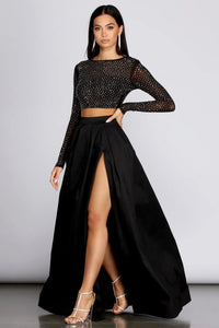 two piece dresses winter formal Two Pieces Round Neck Long Sleeves A-Line Prom Dress