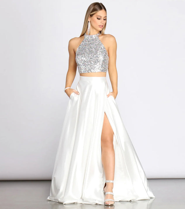Atara Iridescent Sequin Two Piece Satin Dress