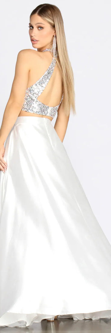 Atara Iridescent Sequin Two Piece Satin Dress