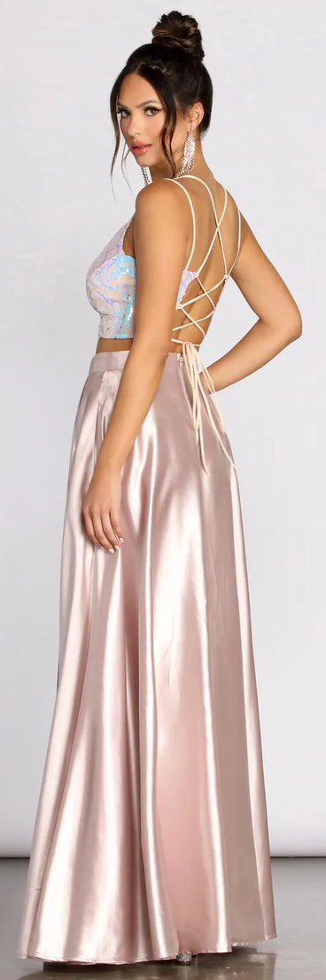 Inez Iridescent Sequin Two Piece Satin Dress