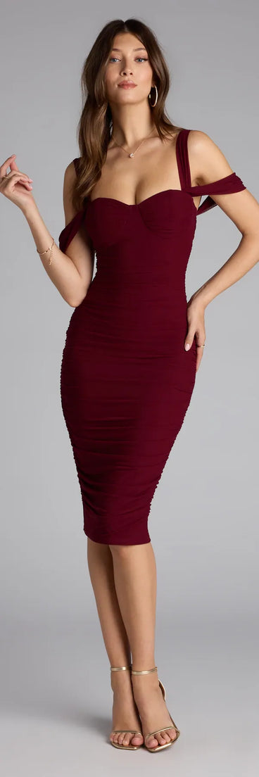Steal the spotlight in the Stylish Soiree Cold Shoulder Midi Dress in wine, a fiery pick from the red homecoming dresses collection designed for bold entrances.