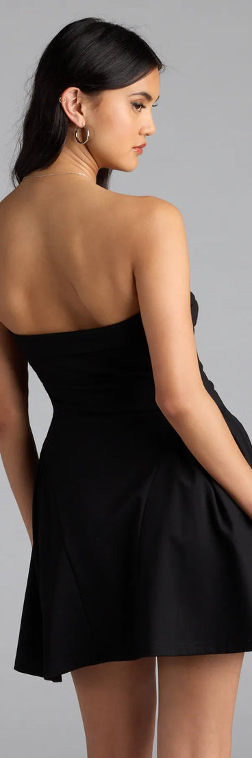 Soiree Ready Strapless Crepe Skater Mini Dress