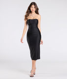 Make a bold statement in the Fabulous Allure Strapless Bodycon Midi Dress in black, the perfect summer dress for weddings, cocktail hours, nights out, and/or seasonal celebrations.
