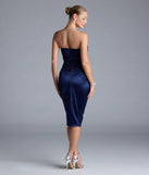 Flaunt your silhouette in the tight Luxe Sheen Strapless Ruched Satin Midi Dress in navy blue, a bodycon dress that empowers your look with bold style and effortless edge.