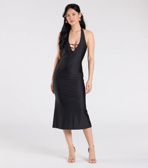 With its mid-calf hem and popular flattering fit, the Radiantly Flawless Halter Mermaid Midi Dress in black nails the balance of trend and ease, redefining go-to midi dresses for any occasion.