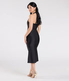 Make a bold statement in the Radiantly Flawless Halter Mermaid Midi Dress in black, the perfect spring dress for weddings, cocktail hours, nights out, and/or seasonal celebrations.