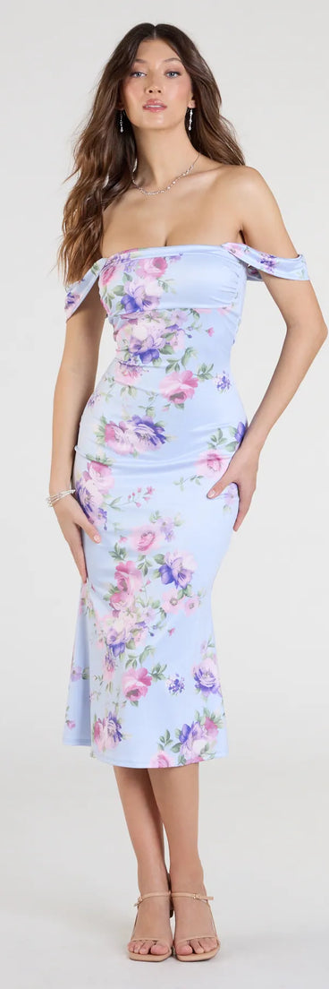 Feel instantly put-together in the Special Something Off-The-Shoulder Floral Midi Dress in light blue, a summer wedding guest dress designed for confident style and all-out celebration.