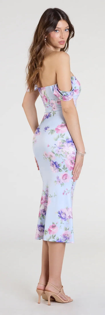 Flaunt your silhouette in the tight Special Something Off-The-Shoulder Floral Midi Dress in light blue, a bodycon dress that empowers your look with bold style and effortless edge.