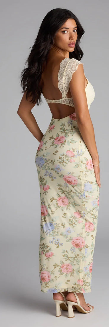 With Love Lace Cutout Floral Slit Maxi Dress