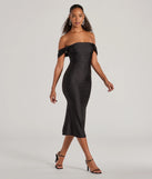 Flaunt your silhouette in the tight Exceptional Off-The-Shoulder Flared Midi Dress in black, a bodycon dress that empowers your look with bold style and effortless edge.