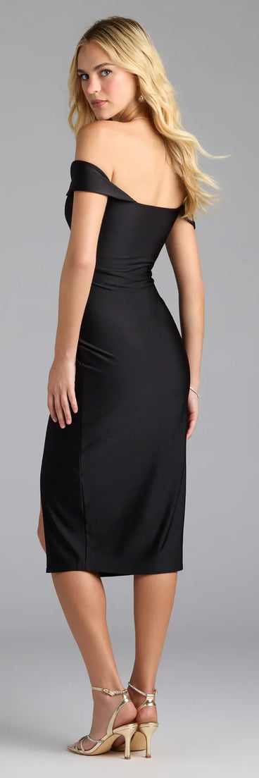 Own the evening in the Classic Allure Off-The-Shoulder Midi Dress in black, a sultry cocktail dress perfect for rooftop parties and stylish soirées.