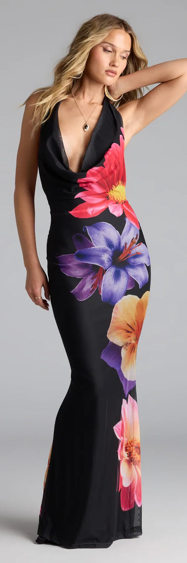The Amalfi Coast Plunge Neck Mermaid Floral Maxi Dress is your new go-to black dress—effortless, versatile, and made to update your fall style in seconds.