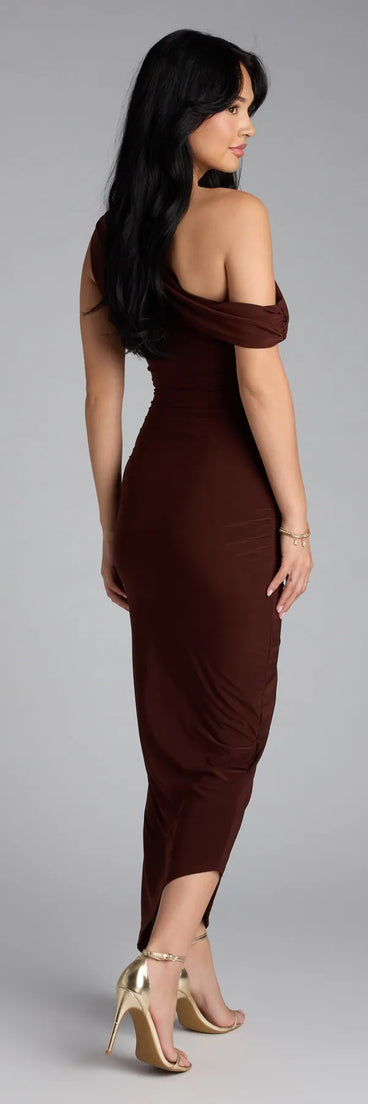 The Can't Deny It One-Shoulder Bodycon Midi Dress in brown features a flattering fit and mid-calf hem, redefining effortless midi dresses for any occasion.
