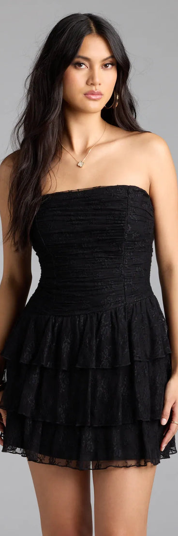 Feel ready for every dance floor moment or feed-worthy reel in the Lovely Nights Strapless Lace Ruffle Skater Dress, a black homecoming dress designed to own your moment.