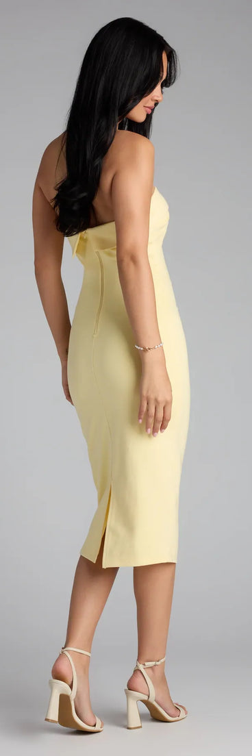 The Simply Fab Ponte Knit Midi Tube Dress in yellow features a flattering fit and mid-calf hem, redefining effortless midi dresses for any occasion.
