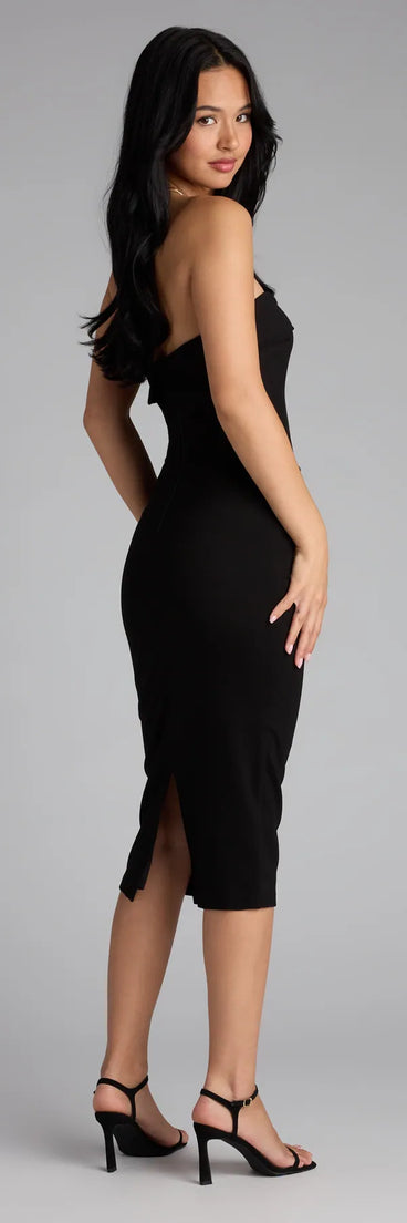 The Simply Fab Ponte Knit Midi Tube Dress in black features a flattering fit and mid-calf hem, redefining effortless midi dresses for any occasion.