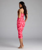 Own the evening in the Petal Perfection Floral Ruched Midi Dress in pink, a summer cocktail dress perfect for rooftop parties and stylish soirées.