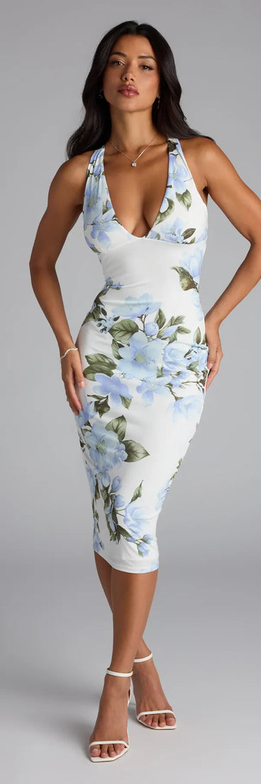 Own the evening in the So Stunning Floral Open Back Midi Dress in white, a summer cocktail dress perfect for rooftop parties and stylish soirées.