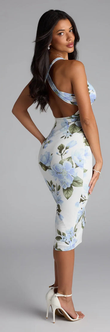 The So Stunning Floral Open Back Midi Dress in white features a flattering fit and mid-calf hem, redefining effortless midi dresses for any occasion.