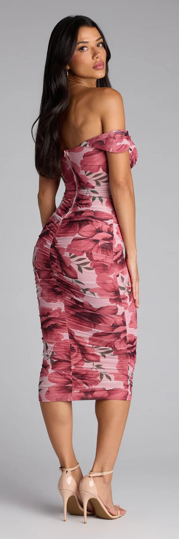 The Crush Season Floral Mesh Midi Dress in pink features a flattering fit and mid-calf hem, redefining effortless midi dresses for any occasion.