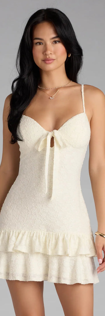 Feel ready for every dance floor moment or feed-worthy reel in the Adorable Vibe Ruffle Lace Mini Dress, a ivory homecoming dress designed to own your moment.