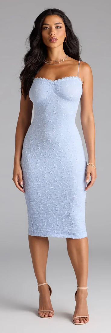 Feel instantly put-together in the Sultry Sweet Lace Bodycon Midi Dress in blue, a summer wedding guest dress designed for confident style and all-out celebration.