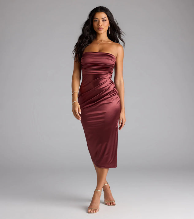 Cocktail Hour Strapless Satin Slit Midi Dress