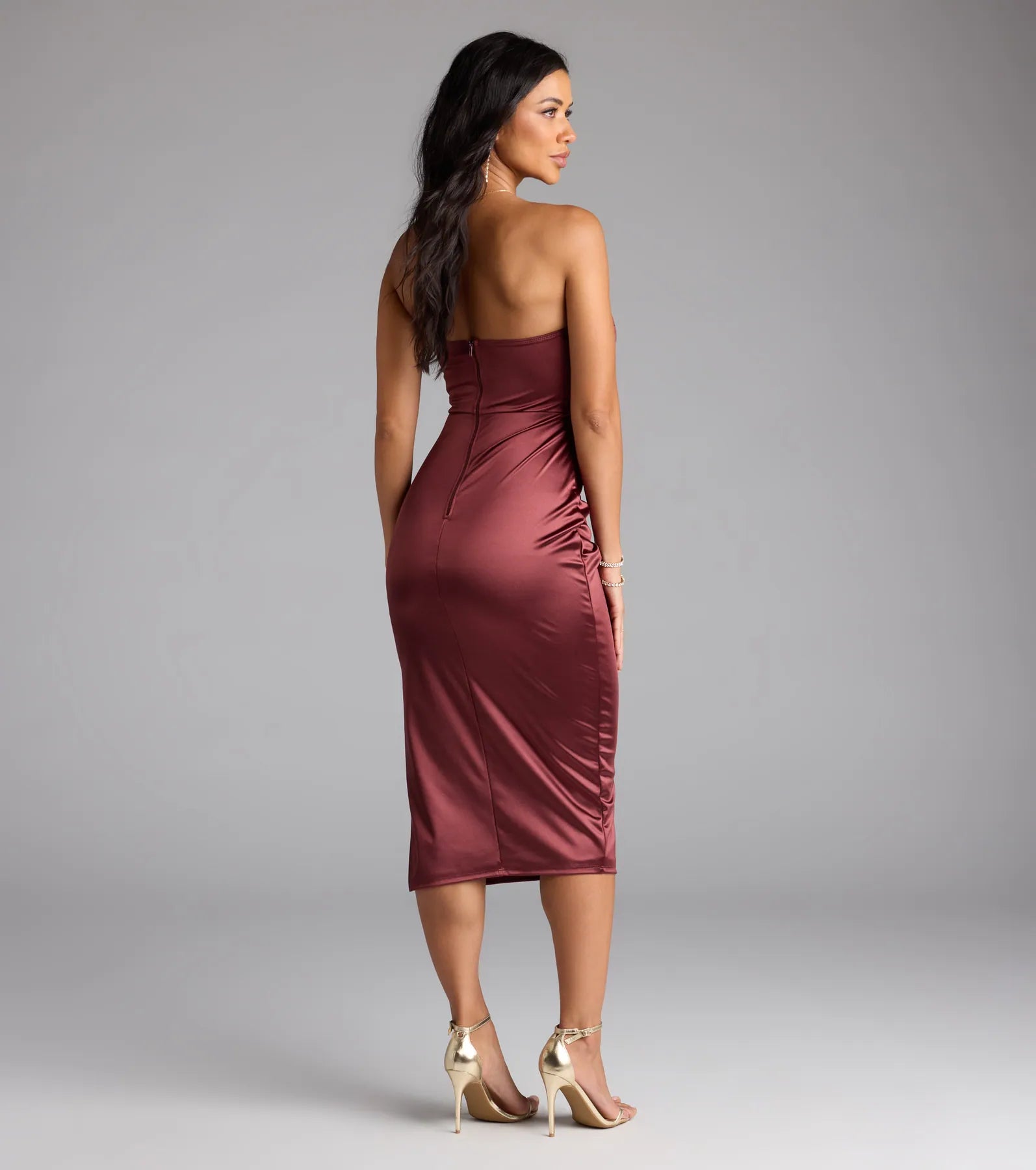 Windsor Cocktail Hour Strapless Satin Slit Midi Dress in Maroon | Size: M | Knit Fabric/Satin Fabric Cocktail Hour Strapless Satin Slit Midi Dress | Windsor