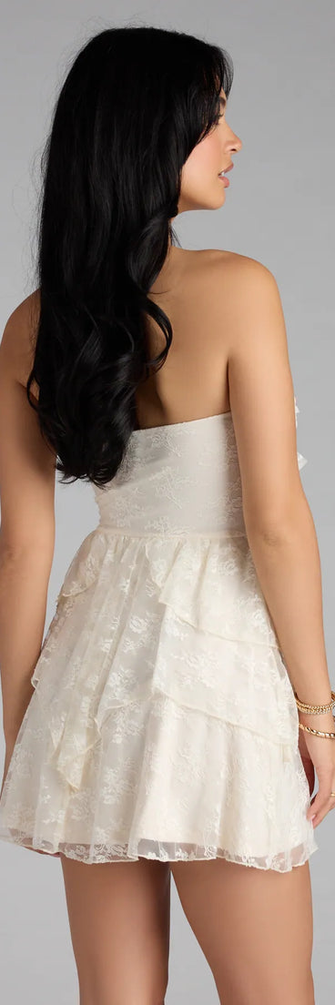 Feel ready for every dance floor moment or feed-worthy reel in the Love Stories Tie Front Ruffle Lace Skater Dress, a ivory homecoming dress designed to own your moment.
